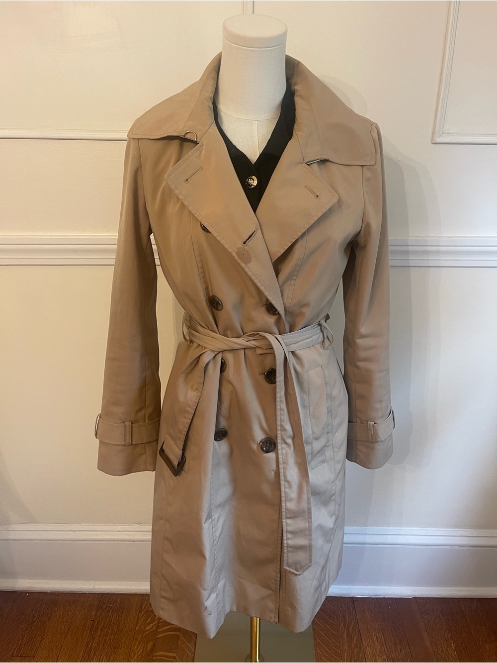 Calvin Klein Tan Double-Breasted Trench Coat with Waist Tie